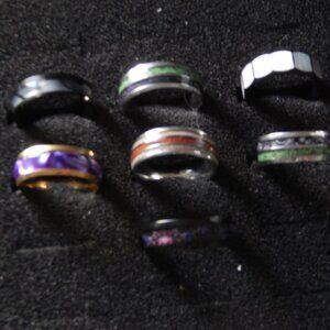 Set of 7 Modern Wood & Stone Inlaid Titanium Steel Ring - Simple Style.